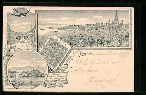 Lithographie Konstanz, Rathaus, Marktstätte, Insel Mainau
