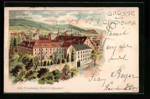 Lithographie Offenburg, Blick auf das Kath. Erziehungs-Institut (Kloster)