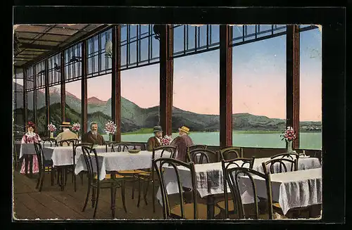 AK Kochel am See, Hotel grauer Bär, Inh. Johann Sebald, Aussicht auf Gebirgskette u. See vom Speisesaal aus