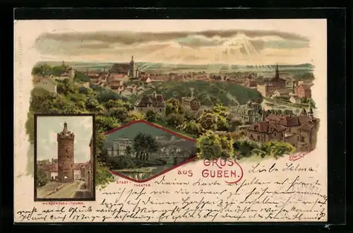 Künstler-AK Erwin Spindler: Guben, Werderthor-Thurm, Stadttheater und Panorama