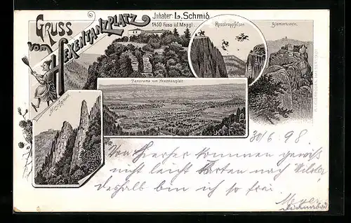 Lithographie Thale, Panorama vom Hexentanzplatz, Bismarkstein und Hirschgrund