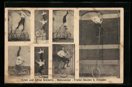 AK Freital-Deuben b. Dresden, Erich und Alfred Schieritz, Weltmeister im Kunstradturnen