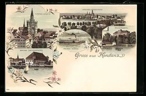 Lithographie Konstanz, Münster, Schloss Mainau, Conciliumsgebäude