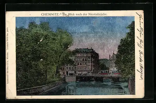 Luna-AK Chemnitz, Blick nach der Nicolaibrücke, mit Strassenbahn