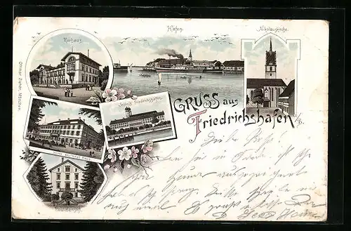 Lithographie Friedrichshafen, Hotel deutsches Haus, Nikolauskirche, Hafen