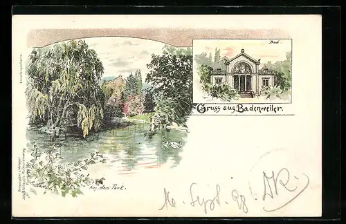 Lithographie Badenweiler, Bad und Partie aus dem Park