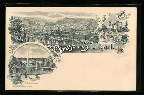 Lithographie Stuttgart, Panorama und K. Residenzschloss, Eugens-Brunnen