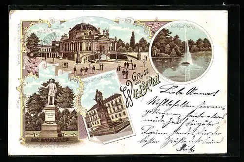 Lithographie Wiesbaden, Kgl. Schauspielhaus, Kaiser Wilhelm I. Denkmal, Kurhaus Park