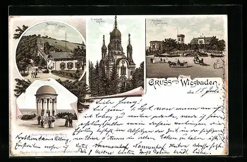 Lithographie Wiesbaden, Neroberg-Restauration, Griechische Kapelle, Neroberg-Bahn, Aussichtstempel a. d. Neroberg