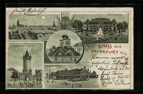 Mondschein-Lithographie Frankfurt a. M., Palmengarten, Eschenheimer Turm und Hauptbahnhof