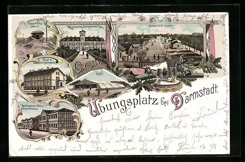 Lithographie Darmstadt, Sicherheits-Stand, Baracken-Lager, Württemberger Stabs- und Offizier-Gebäude