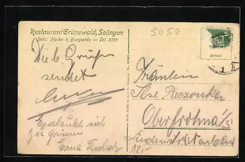 AK Solingen, Restaurant Grünewald, Innenansicht, Bes. Hecke & Bungards