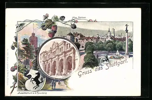 AK Stuttgart, Aussichtsturm a. d. Hasenberg, Altes Schloss, Bahnhof