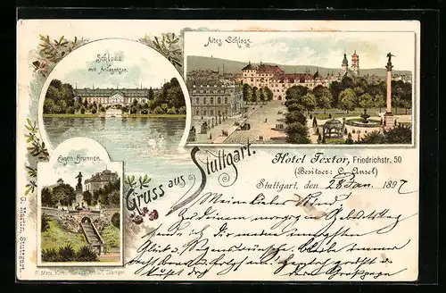 Lithographie Stuttgart, Schloss mit Anlagensee, Altes Schloss, Eugen-Brunnen