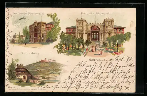 Lithographie Karlsruhe, Festhalle Nordportal, Südportal und Lauterberg