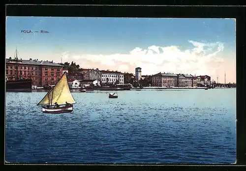 AK Pola, Riva, Hafenpartie mit Segelboot