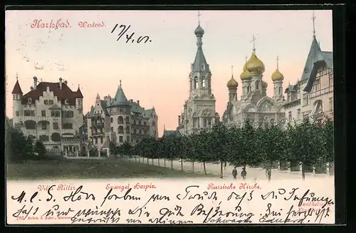AK Karlsbad, Westend mit Villa Ritter und Russischer Kirche