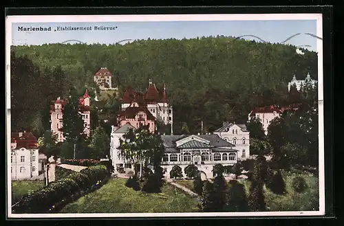 AK Marienbad, Hotel Etablissement Bellevue aus der Vogelschau