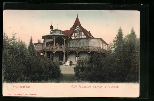 AK Franzensbad, Cafe-Restaurant Amerika im Stadtwald