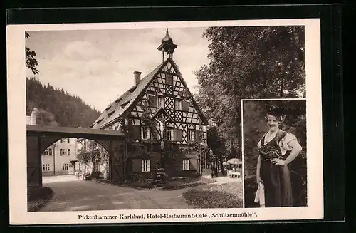 AK Karlsbad-Pirkenhammer, Hotel-Restaurant-Cafe Schürzenmühle, Wirtin