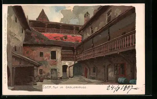 Künstler-Lithographie Alexander Marcks: Eger, Hof im Gablerhause