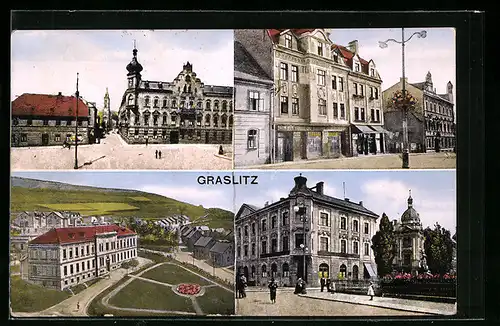 AK Graslitz, Ortspartie mit Häusern und Geschäften