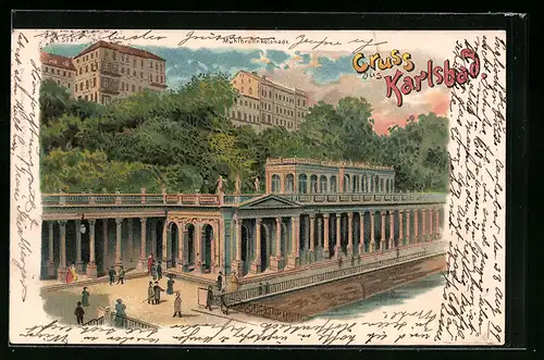 Lithographie Karlsbad, Mühlbrunnkolonnade mit Passanten und Blick auf Häuser oberhalb