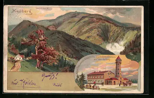 Lithographie Keilberg, Ausblick mit Kaiser Franz Josephs-Aussichtsturm und Unterkunftshaus