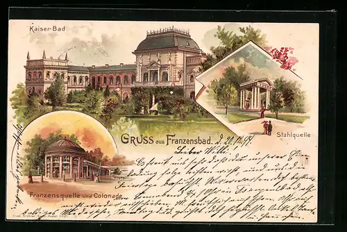 Lithographie Franzensbad, Kaiserbad, Stahlquelle, Franzensquelle und Colonnade