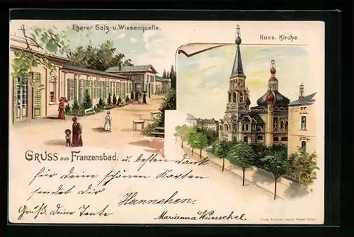 Lithographie Franzensbad, Russische Kirche, Egerer Salz- und Wiesenquelle