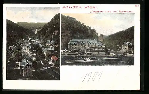 AK Herrnskretschen /Sächs-Böhm. Schweiz, Teilansicht und Herrnhaus mit Dampfer Bastei