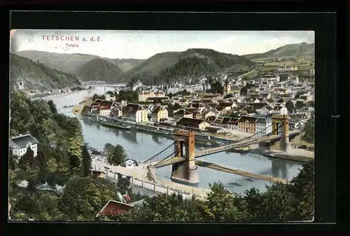 AK Tetschen a. d. E., Totalansicht mit Brücke