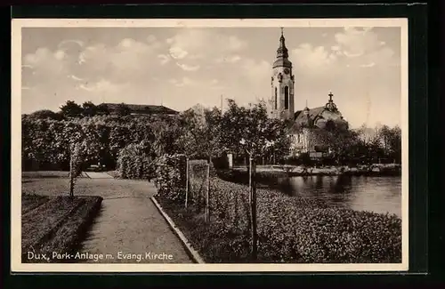 AK Dux, Park-Anlage mit Evangelischer Kirche