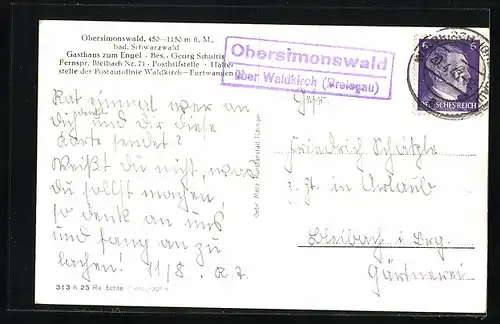 AK Obersimonswald /Bad. Schwarzwald, Gasthaus zum Engel, Bes.: Georg Schultis