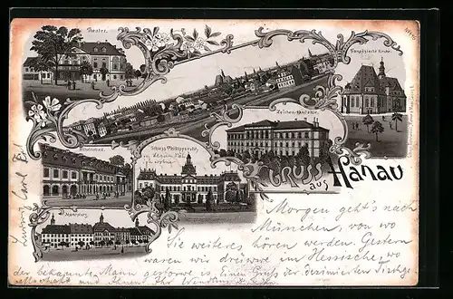 Lithographie Hanau, Theater, Schloss Philippsruhe, Marktplatz, Französische Kirche, Totalansicht