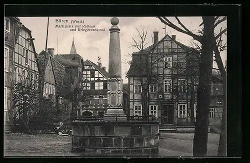 AK Büren i. Westf., Marktplatz mit Rathaus und Kriegerdenkmal