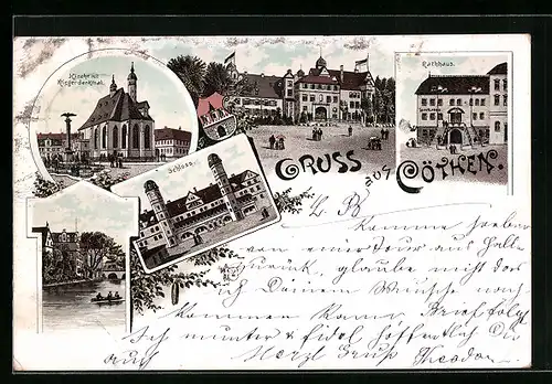 Lithographie Cöthen, Rathaus, Kirche mit Kriegerdenkmal, Schloss