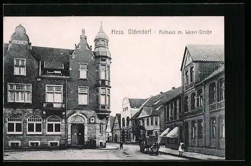 AK Hess. Oldendorf, Rathaus m. Weser-Strasse
