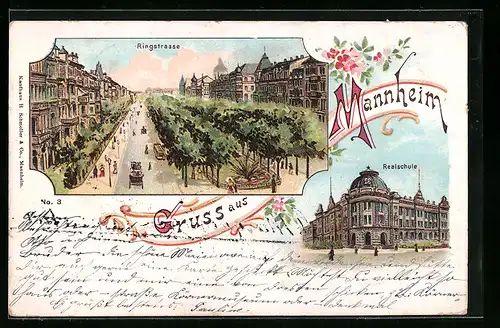 Lithographie Mannheim, Blick in die Ringstrasse und Realschule