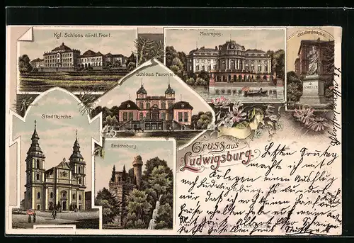 Lithographie Ludwigsburg, Monrepos, Stadtkirche, Kgl. Schloss