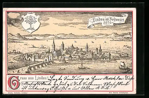 Lithographie Lindau im Bodensee, Teilansicht 1620