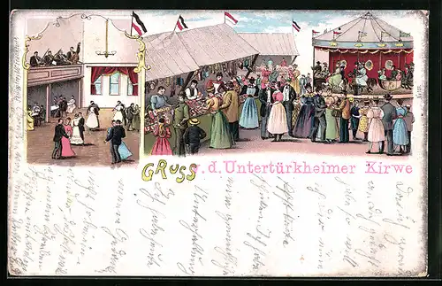 Lithographie Untertürkheim, Volksfest Kirwe, Tanz mit Orchester, Verkaufsstand, Karussell
