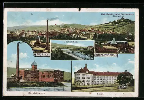 AK Untertürkheim, Electrizitätswerk, Schule, Ortsansicht mit Kapelle aus der Vogelschau, Neckarbrücke