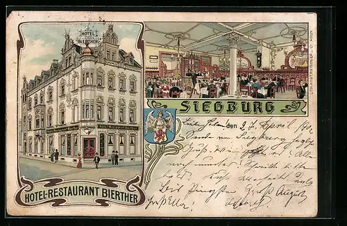 Lithographie Siegburg, Hotel-Restaurant Bierther, Strassenansicht und Saal, Wappen