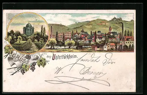 Lithographie Untertürkheim, Denkmal und Ortspanorama mit Umgebung