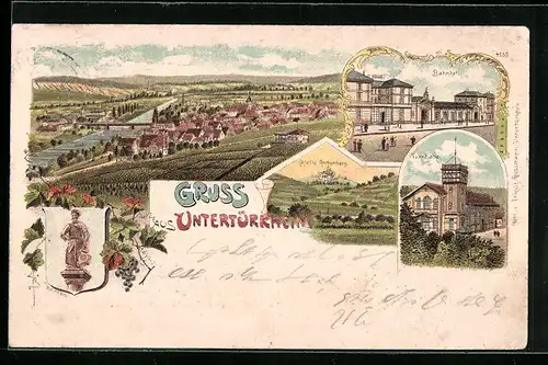 Lithographie Untertürkheim, Bahnhof, Turnhalle, Gesamtansicht, Wappenbild