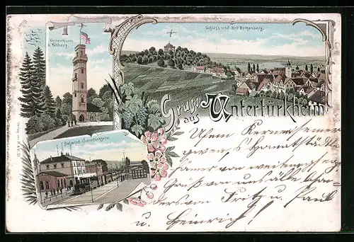 Vorläufer-Lithographie Untertürkheim, 1894, Bahnhof, Schloss und Ort Rothenberg, Kernenthurm bei Fellbach