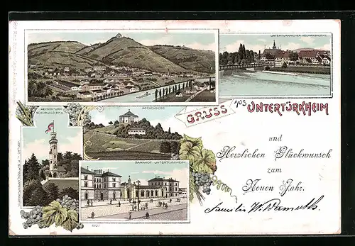 Lithographie Untertürkheim, Bahnhof, Rothenberg, Ortsansicht