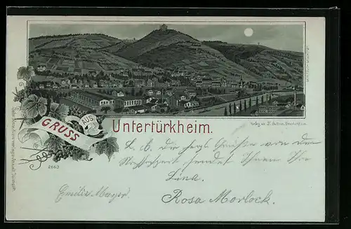 Mondschein-Lithographie Untertürkheim, Gesamtansicht mit Neckar aus der Vogelschau