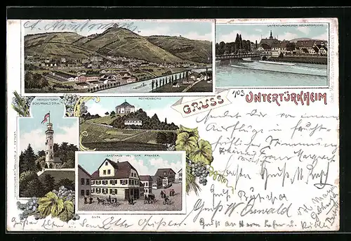 Lithographie Untertürkheim, Gasthaus Chr. Pfander, Teilansicht mit Neckarbrücke, Gesamtansicht